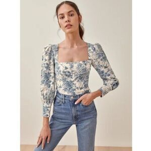 💕REFORMATION💕 Stilton Linen Top  Pompadour Blue White Floral Bird Print 2 NWT